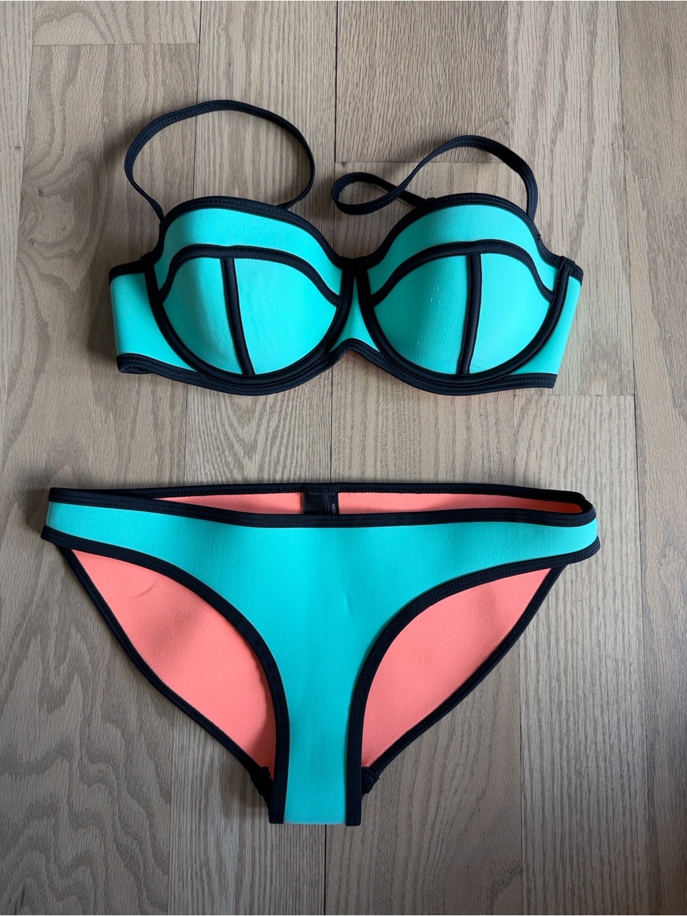 triangl swimwear Teal Bikini with Coral Lining and Black Trim Accents